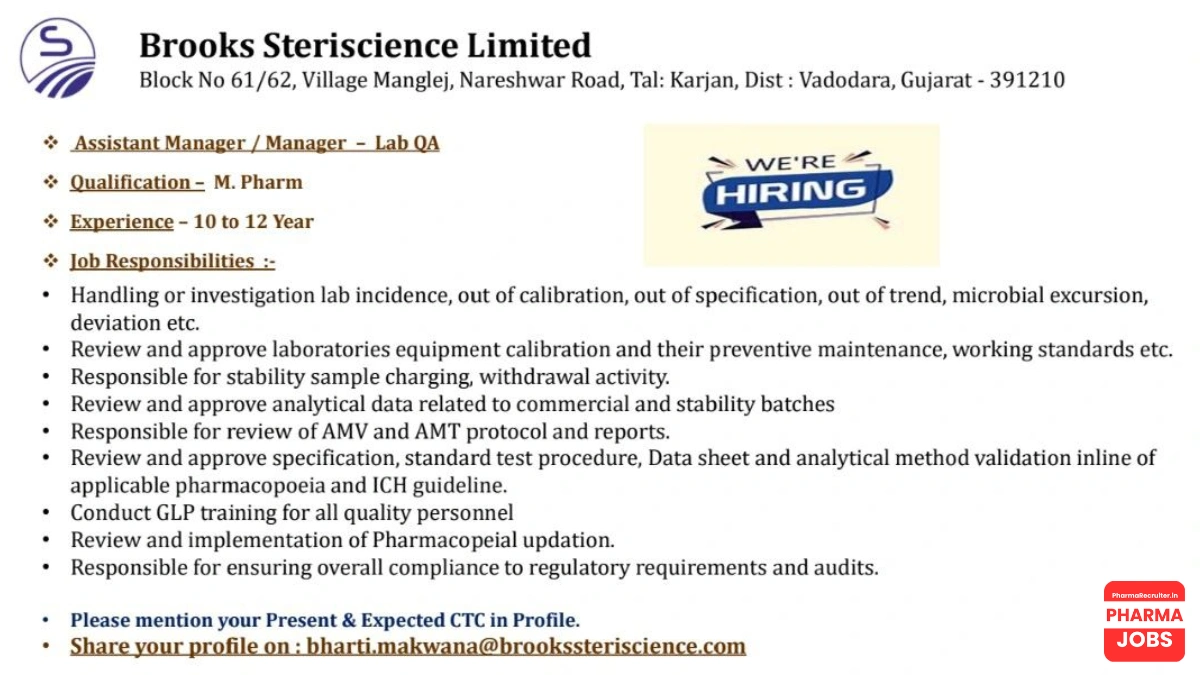 Brooks Steriscience Limited Hiring for Assistant Manager - Lab QA