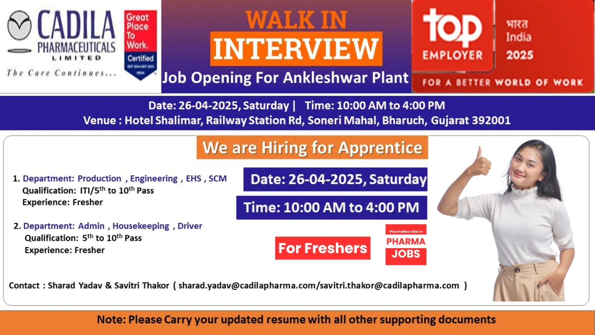 Cadila Pharmaceuticals Limited Walk-In Interview – Job Openings for Freshers