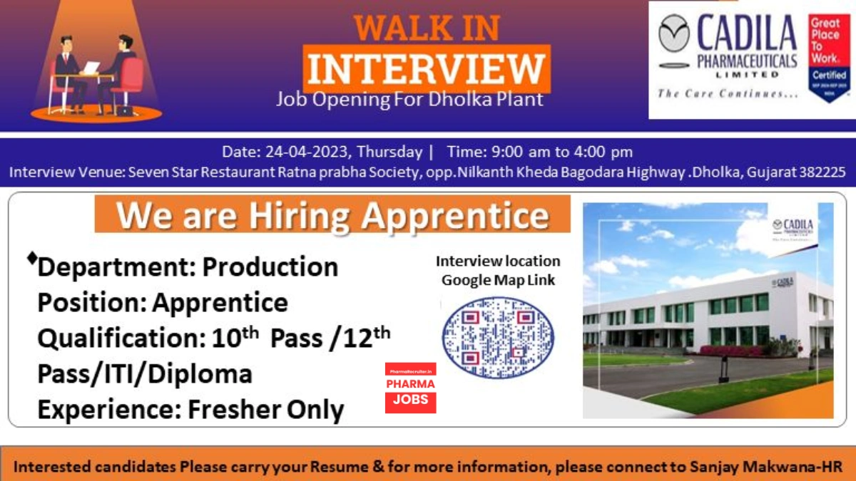 Cadila Pharmaceuticals - Walk-in Interviews for Apprentices