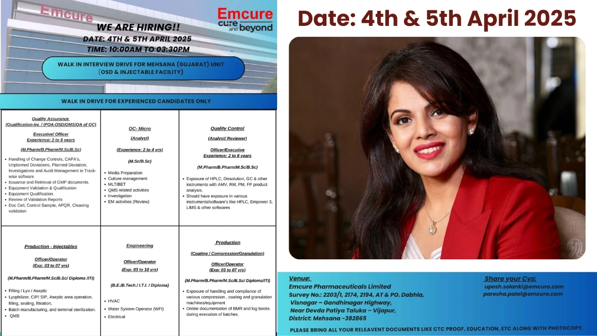 Emcure Pharmaceuticals Walk-In Interview Drive for Production, QA, QC and Engineering Department