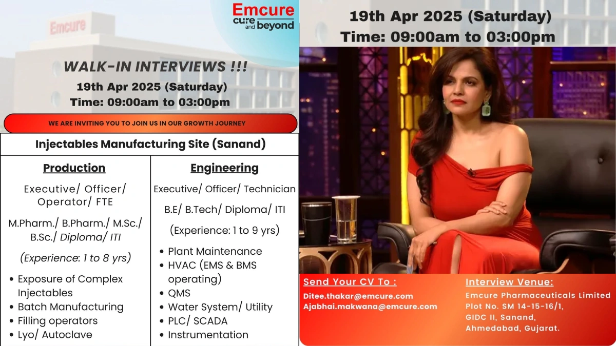 Emcure Pharmaceuticals Walk-In Interviews for Production and Engineering Departments