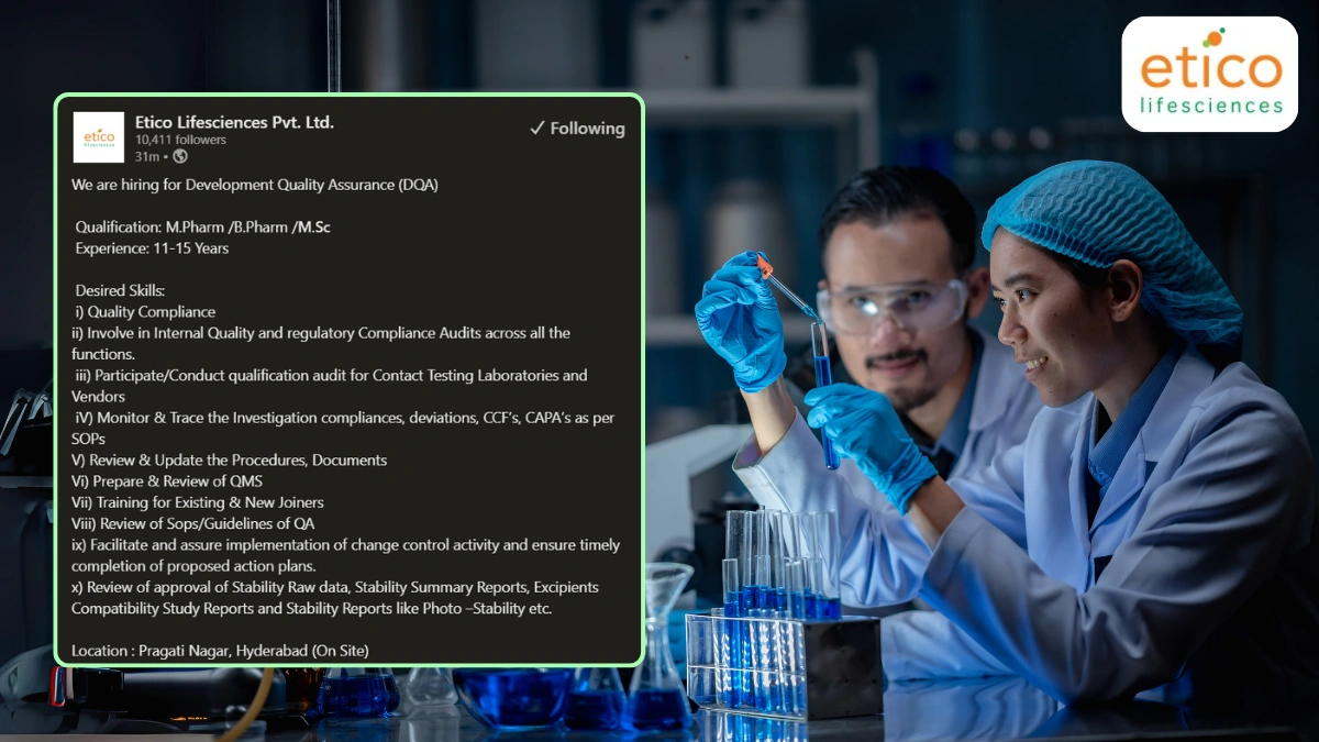 Etico Lifesciences - Job Openings for Development Quality Assurance (DQA)