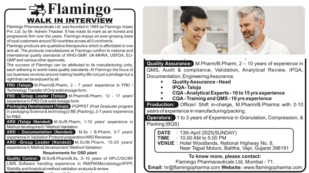 Flamingo Pharmaceuticals Walk-In Interviews for Multiple Roles