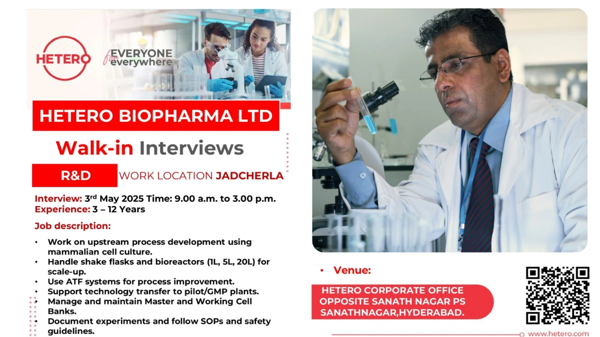 Hetero Biopharma Ltd. Walk-In Interviews for R&D Department