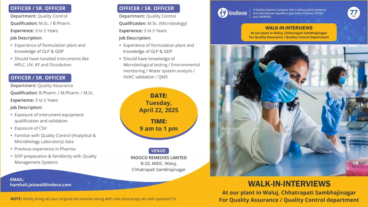 Indoco Remedies Walk-In Interviews for Quality Assurance & Quality Control