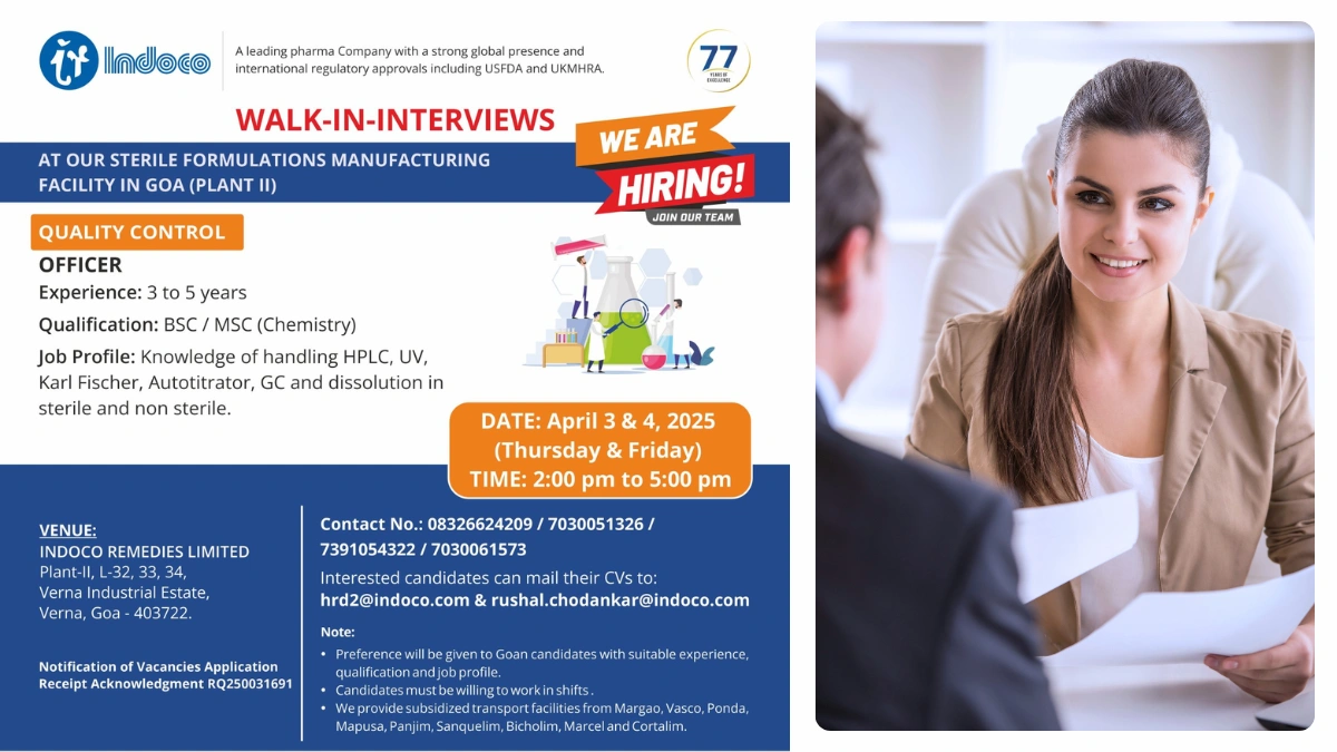 Indoco Remedies Walk-In Interviews for Quality Control Department