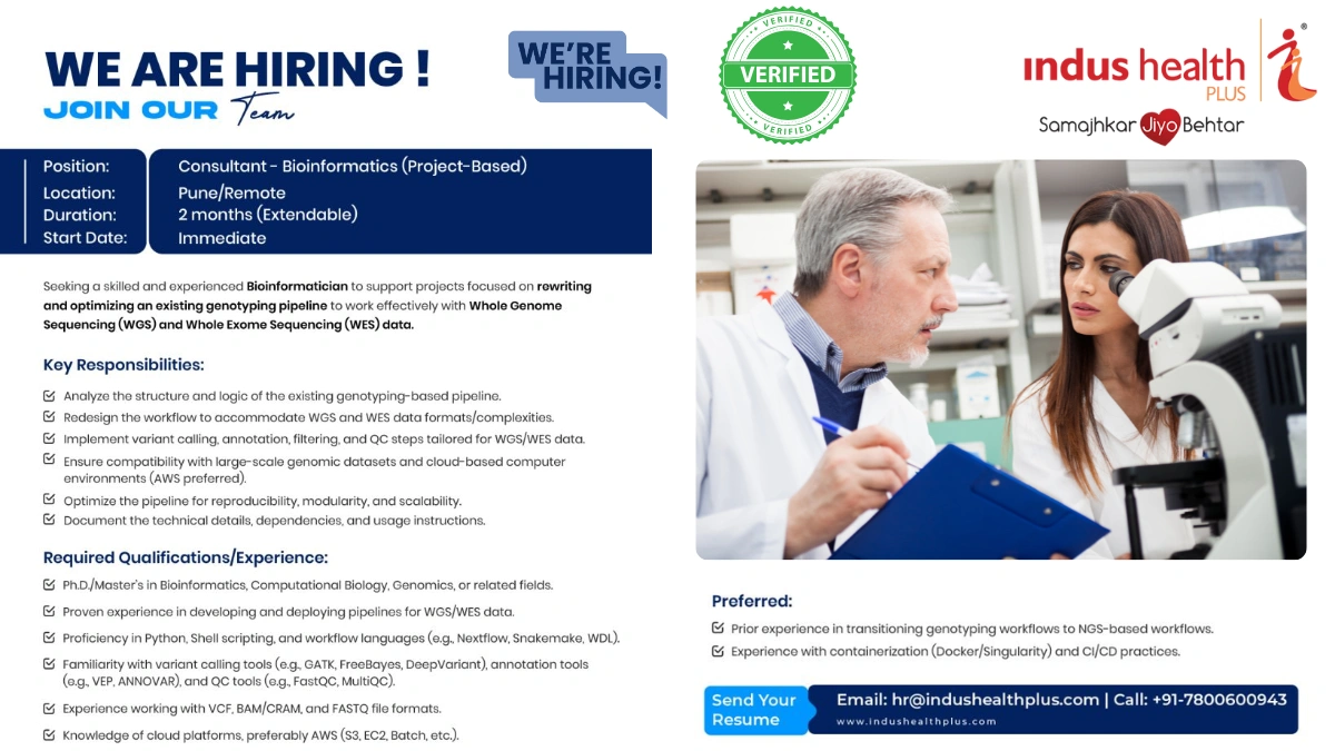 Indus Health Plus Walk-In Drive for Consultant Bioinformatics (Project-Based) [Remote]