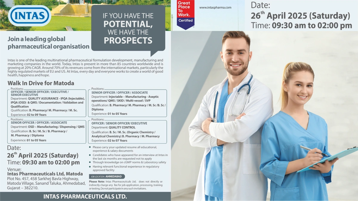 Intas Pharmaceuticals - Walk-In Drive for Quality Assurance, Quality Control, and Manufacturing Roles