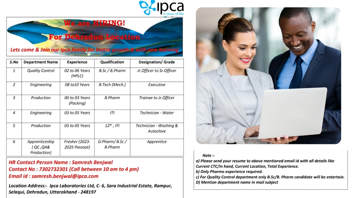 Ipca Laboratories Ltd. - Urgent Hiring Freshers and Experienced for Mulitple Positions