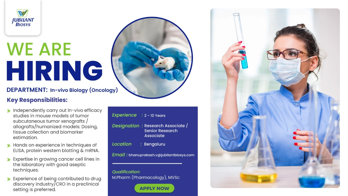 Jubilant Biosys Hiring Research Associate and Senior Research Associate - In-vivo Biology