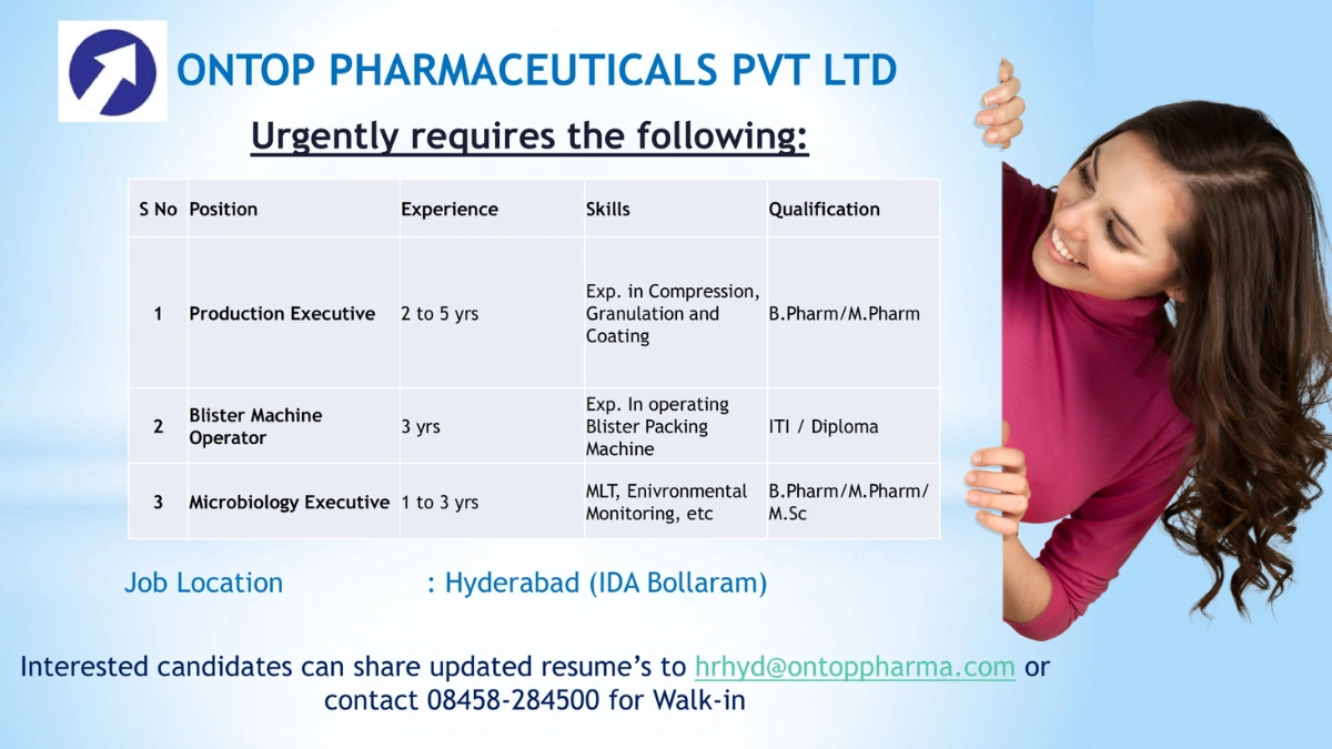Ontop Pharmaceuticals Pvt Ltd Hiring - Immediate Openings