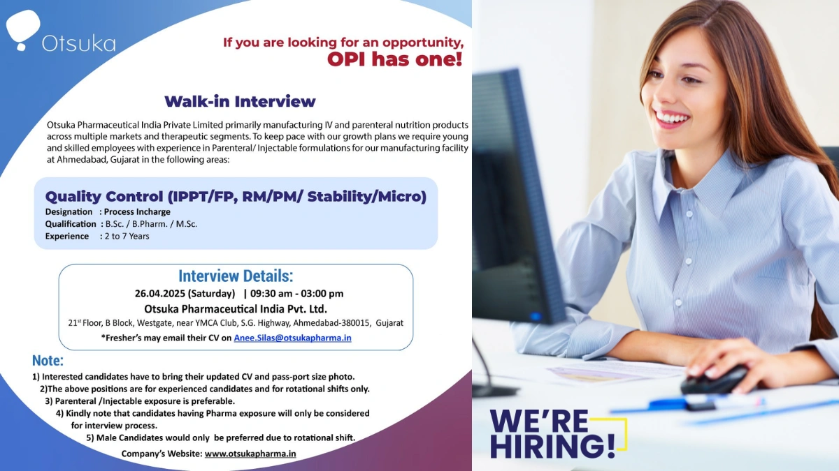 Otsuka Pharmaceutical India - Walk-In Interview for Quality Control Process Incharge