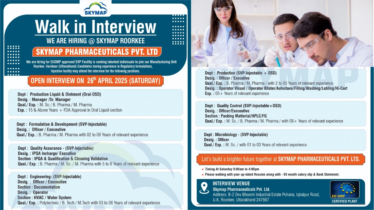 Skymap Pharmaceuticals - Walk-in Interviews for Prodcution and QA