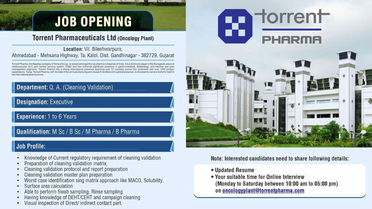 Torrent Pharmaceuticals Job Openings for Executive – Quality Assurance