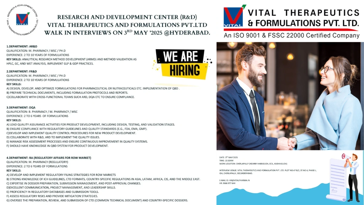 Vital Therapeutics & Formulations Walk-In Interview for AR&D, FR&D, DQA, and Regulatory Affairs Jobs