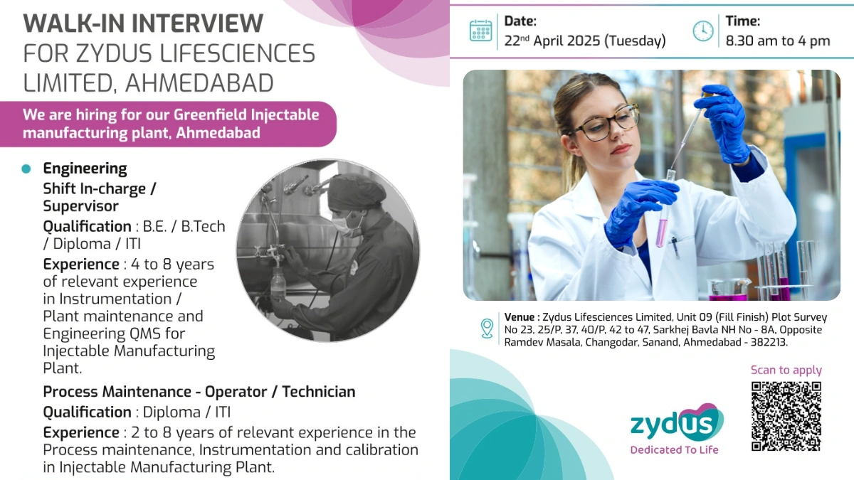 Zydus Lifesciences Limited Walk-In Interview for Engineering Positions