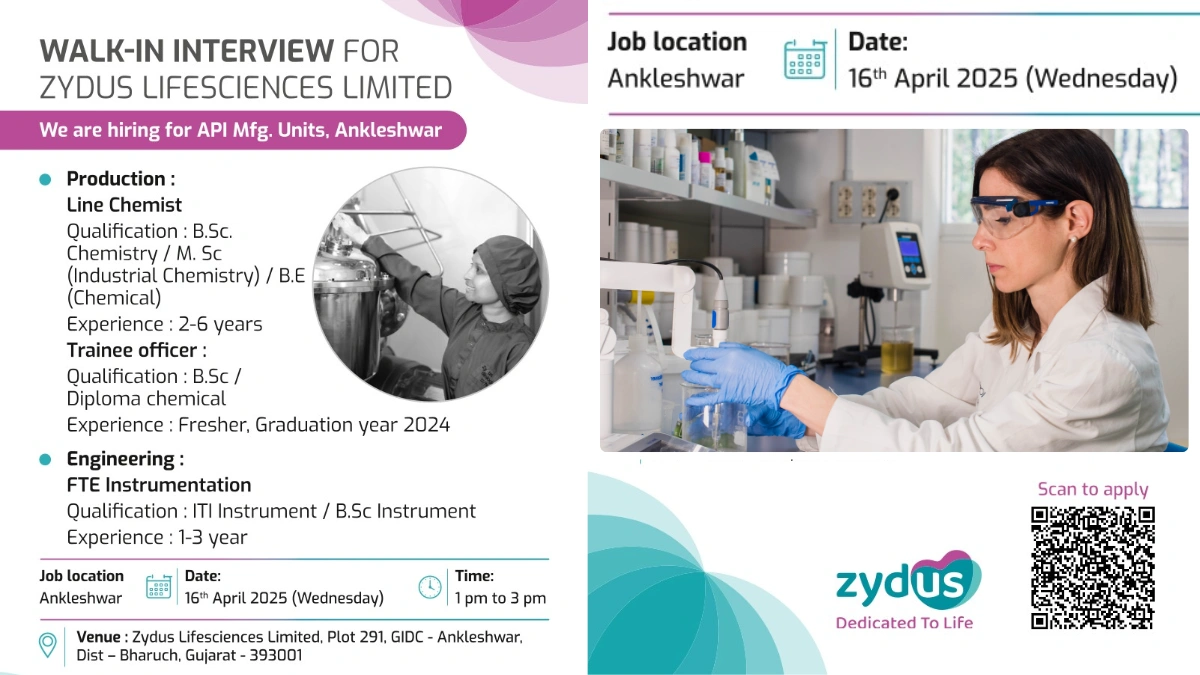 Zydus Lifesciences Limited Walk-In Interview for Production and Engineering Departments
