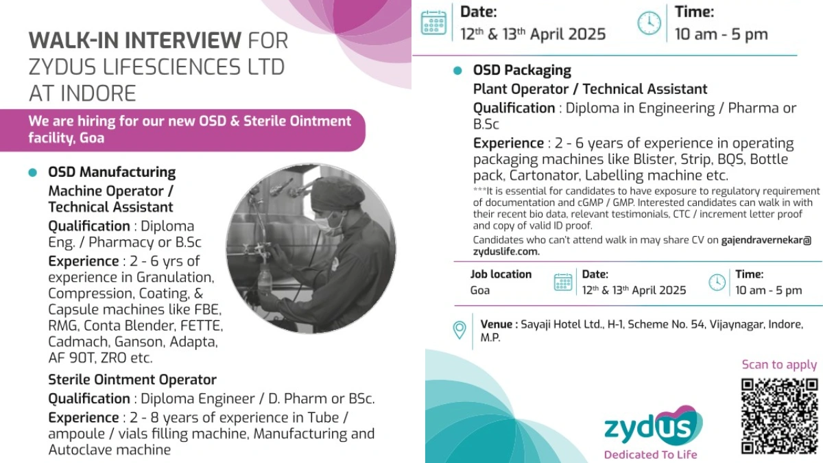 Zydus Lifesciences Ltd. Walk-In Interview for OSD Manufacturing Machine Operator