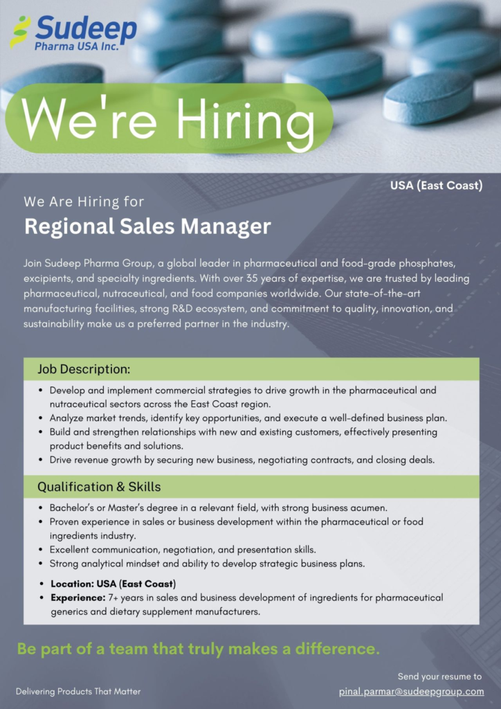 Sudeep Pharma USA Inc. Hiring for Regional Sales Manager