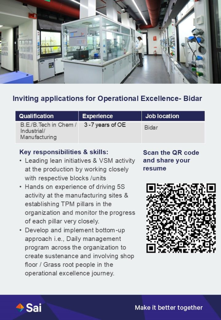 Sai Life Sciences Is Hiring an Operational Excellence Professional in Bidar!
