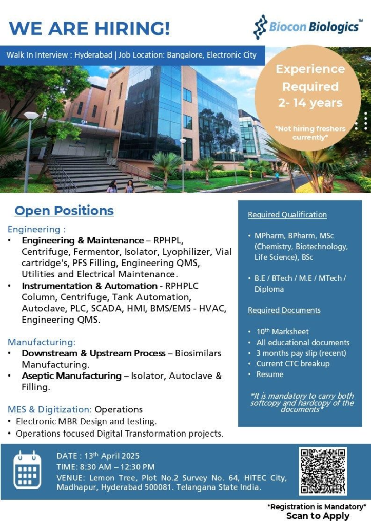 Biocon Biologics Walk-In Interview for Engineering & manufacturing Departments in Bangalore!
