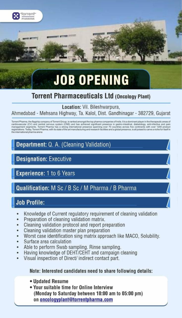 Torrent Pharmaceuticals Ltd (Oncology Plant) Job Openings for Executive – Quality Assurance (Cleaning Validation)