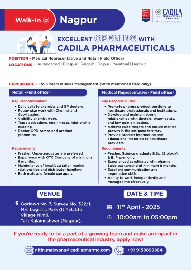 Cadila Pharmaceuticals Walk-in Interview in Nagpur