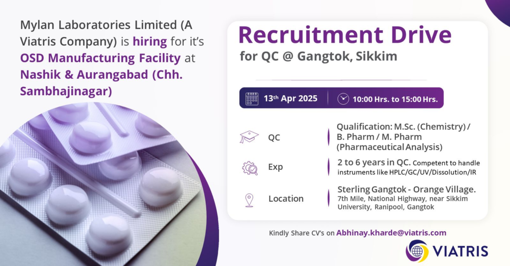 Mylan Laboratories Limited (A Viatris Company) – Recruitment Drive for Quality Control