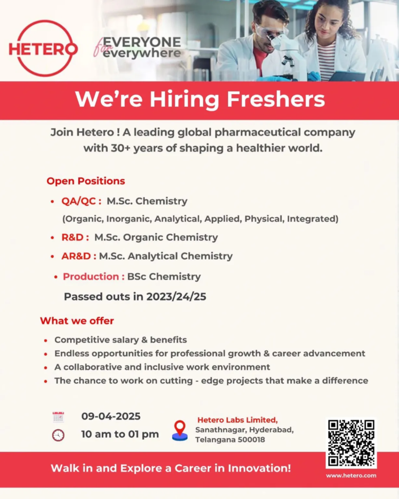 Hetero Walk in Interview for Freshers in Pharmaceuticals on 9th April