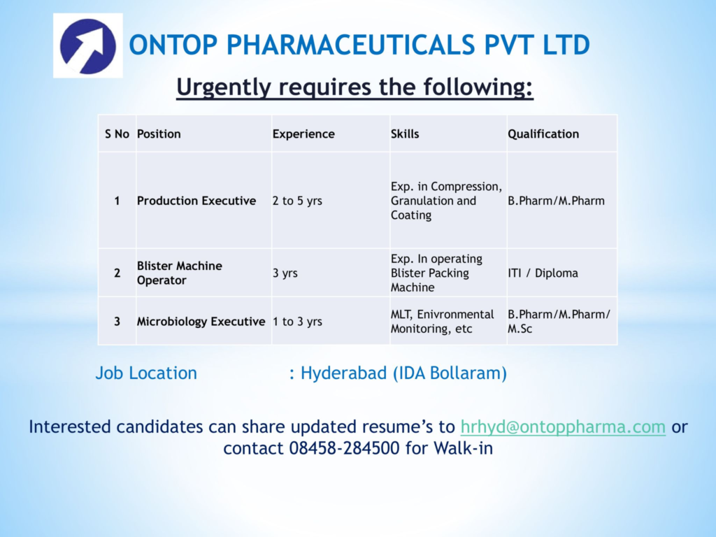 Ontop Pharmaceuticals Pvt Ltd Hiring - Immediate Openings in Hyderabad