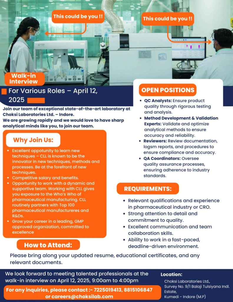Choksi Laboratories Ltd. Walk-In Interviews for QC Analysts- April 12, 2025