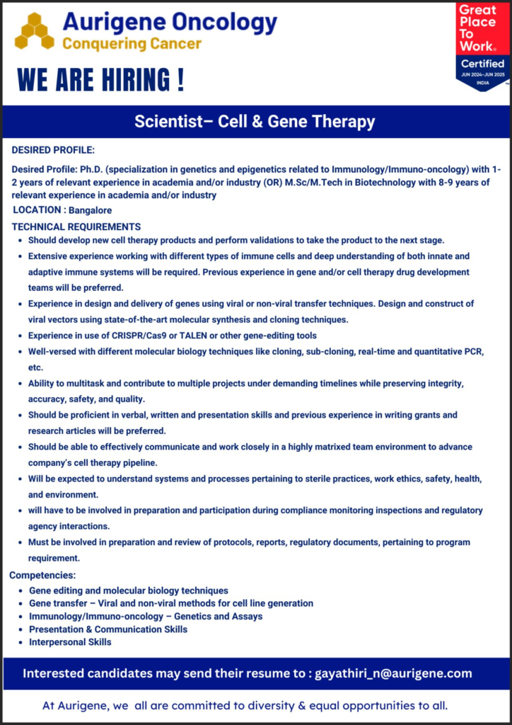 Aurigene Oncology is Hiring a Scientist - Cell & Gene Therapy!