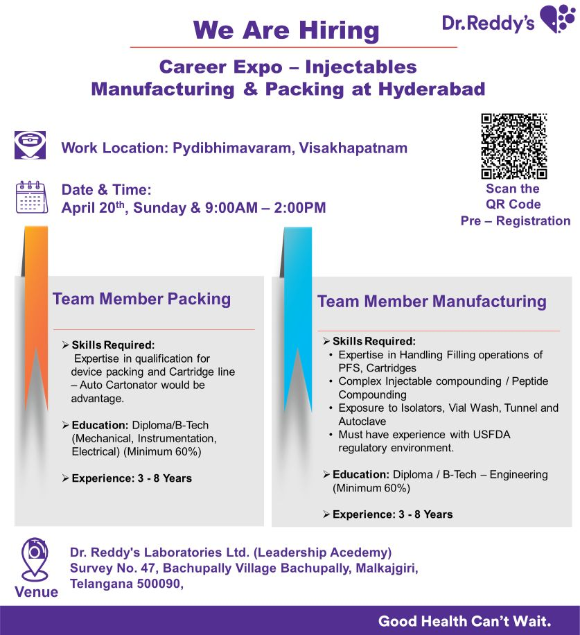 Dr. Reddy’s Laboratories Walk in Interview for Injectables Manufacturing & Packing
