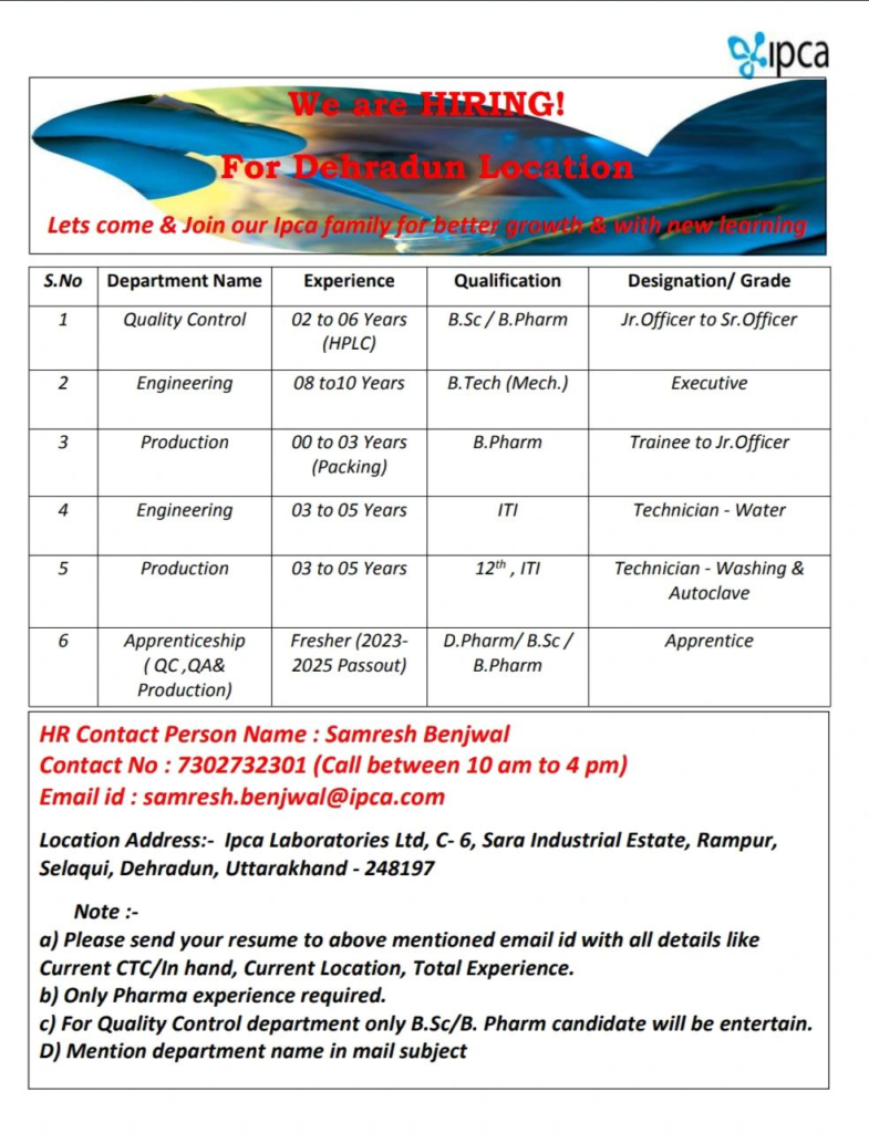 Ipca Laboratories Ltd. - Urgent Hiring Freshers and Experienced for Mulitple Positions