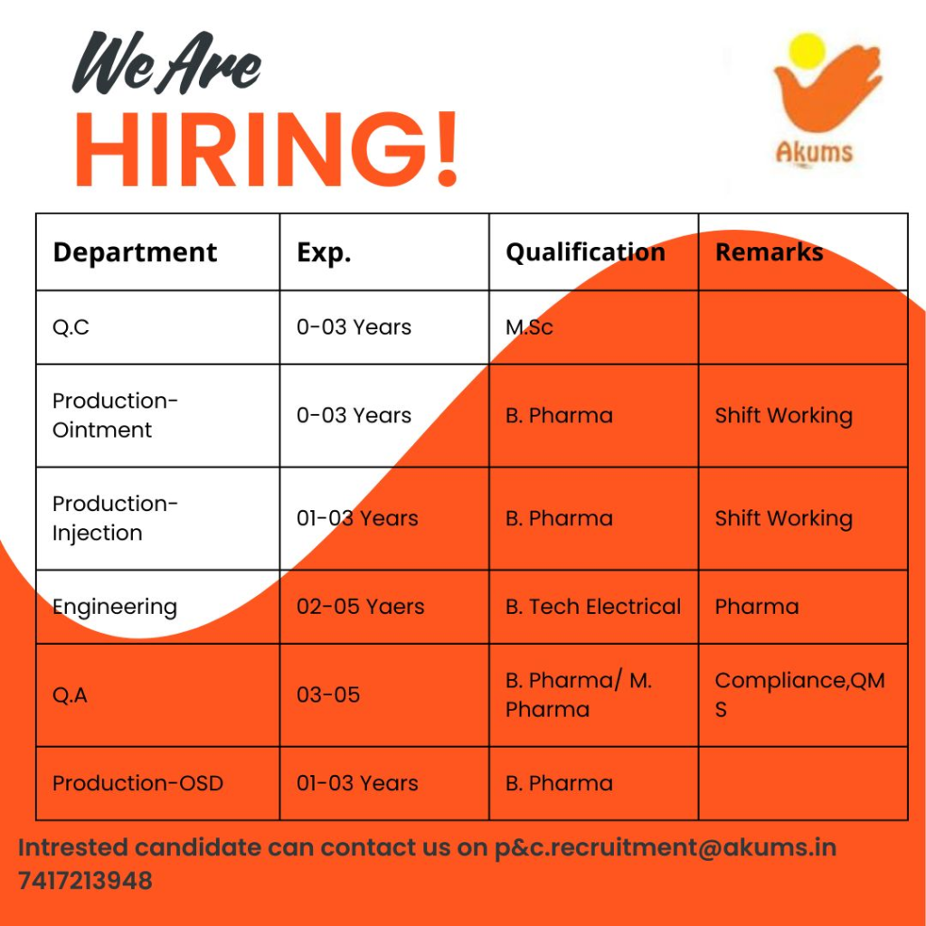 Akums Is Hiring for Multiple Positions for Freshers and Experienced Candidates
