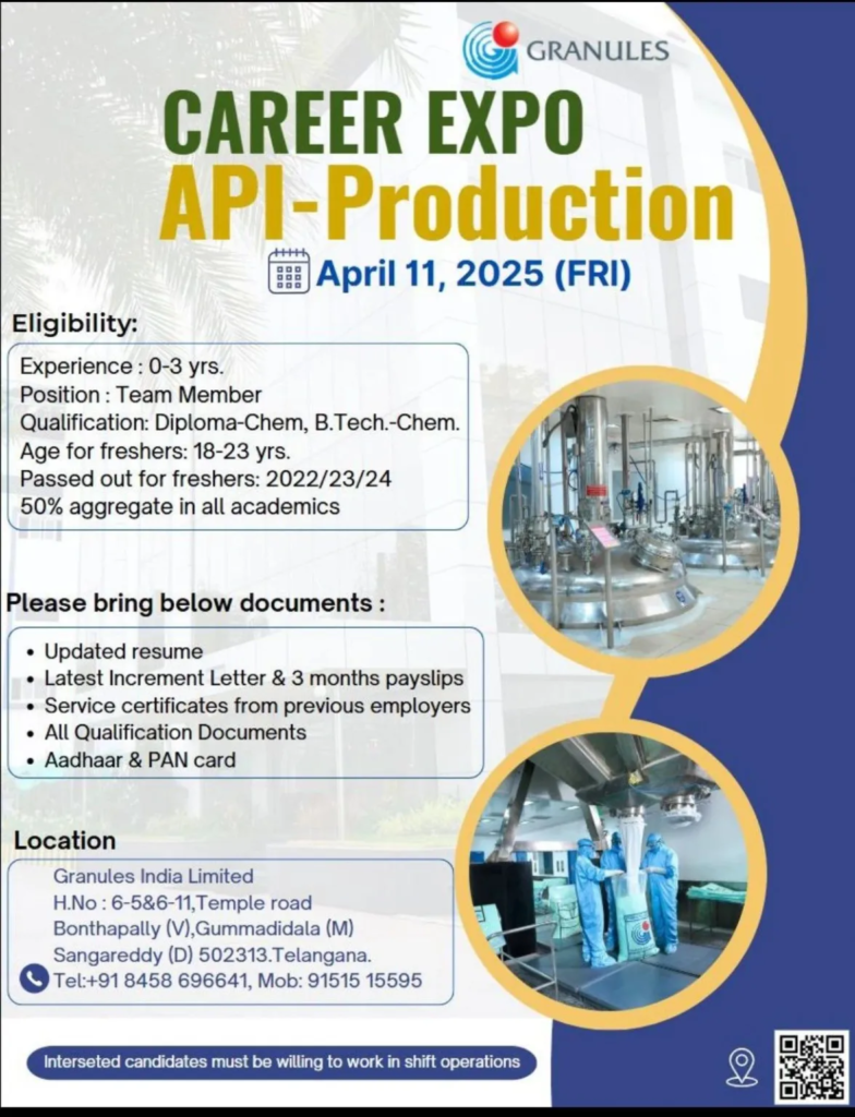 Granules India Limited Career Expo – API Production Team Member Opportunities