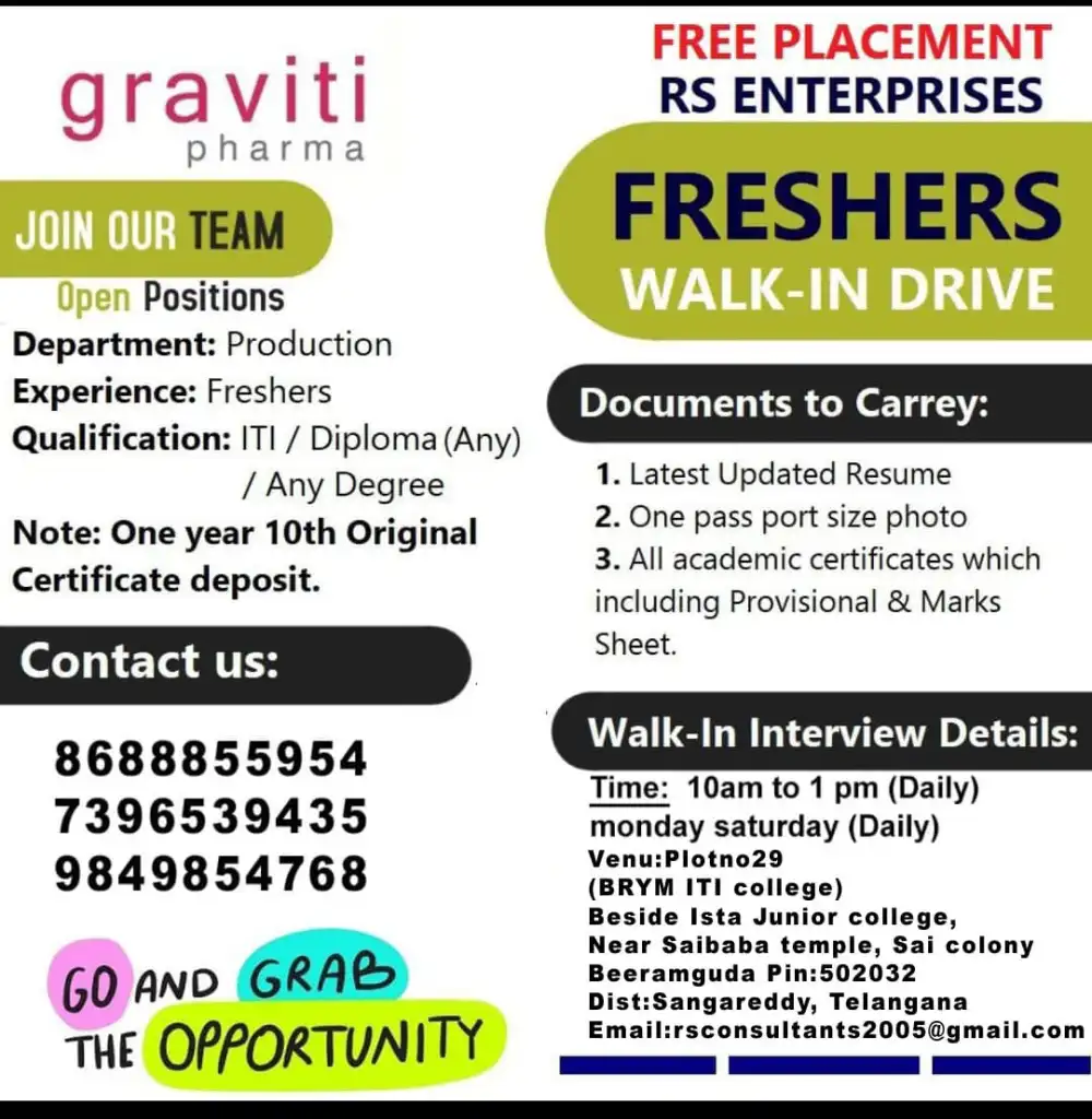 Graviti Pharma Walk-In Interviews for Freshers in Sangareddy