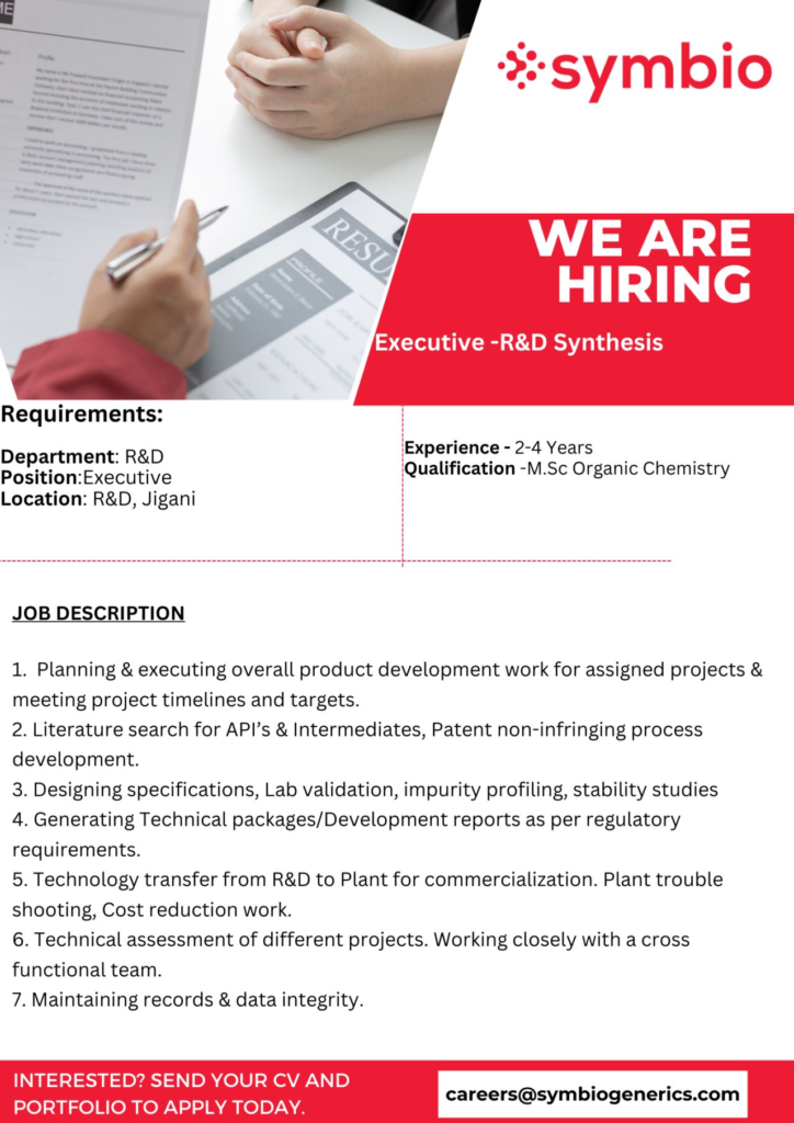 Symbio Generics Walk-In Interviews for Executive - R&D Synthesis in Jigani