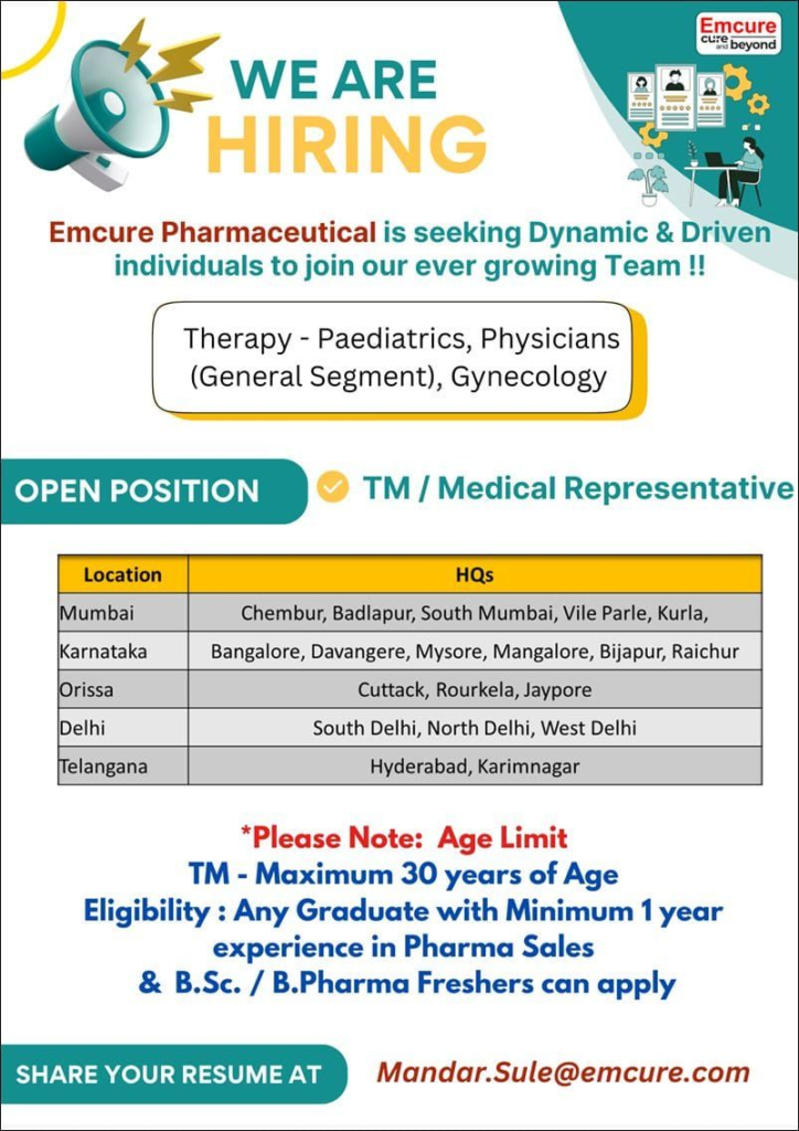Emcure Pharmaceuticals Walk-In Interviews for Medical Representatives Across India