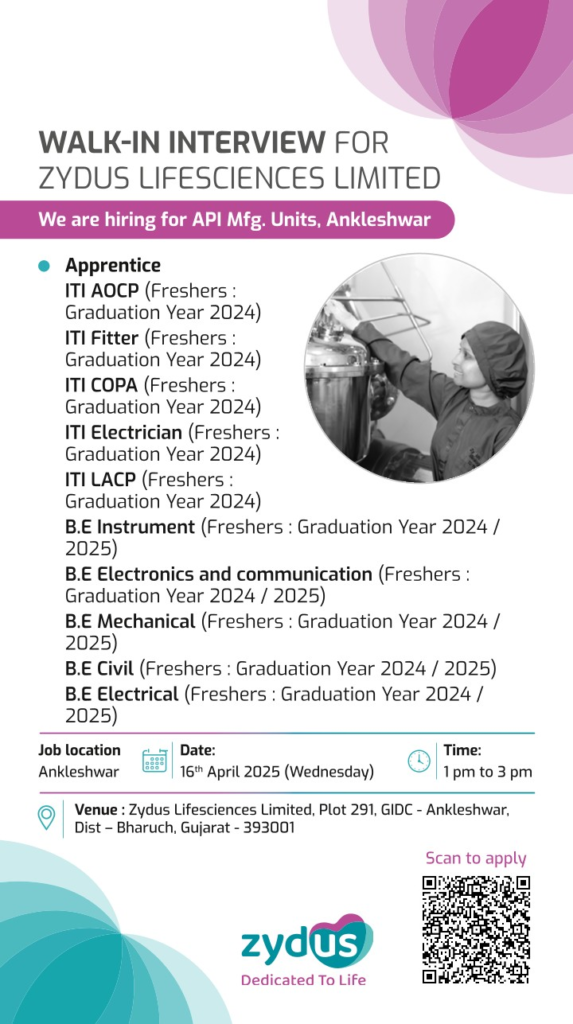 Zydus Lifesciences Limited Walk-In Interview for Freshers – API Manufacturing Opportunities in Ankleshwar