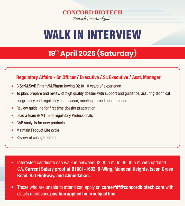 Concord Biotech Walk-In Interview for Regulatory Affairs - Ahmedabad 2025