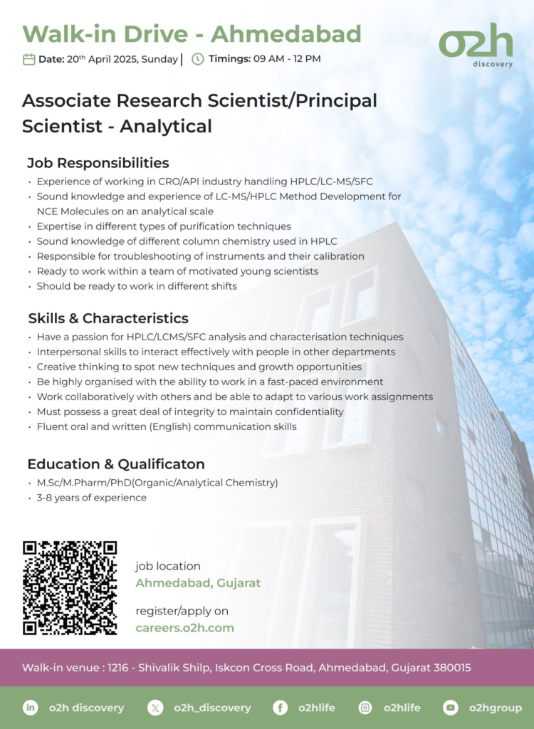 o2h Discovery Walk-in Drive - Associate Research Scientist/Principal Scientist - Analytical