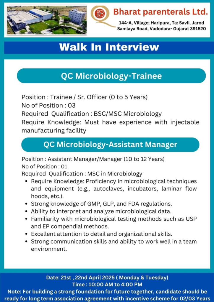 Bharat Parenterals Walk-In Interviews for Multiple Positions