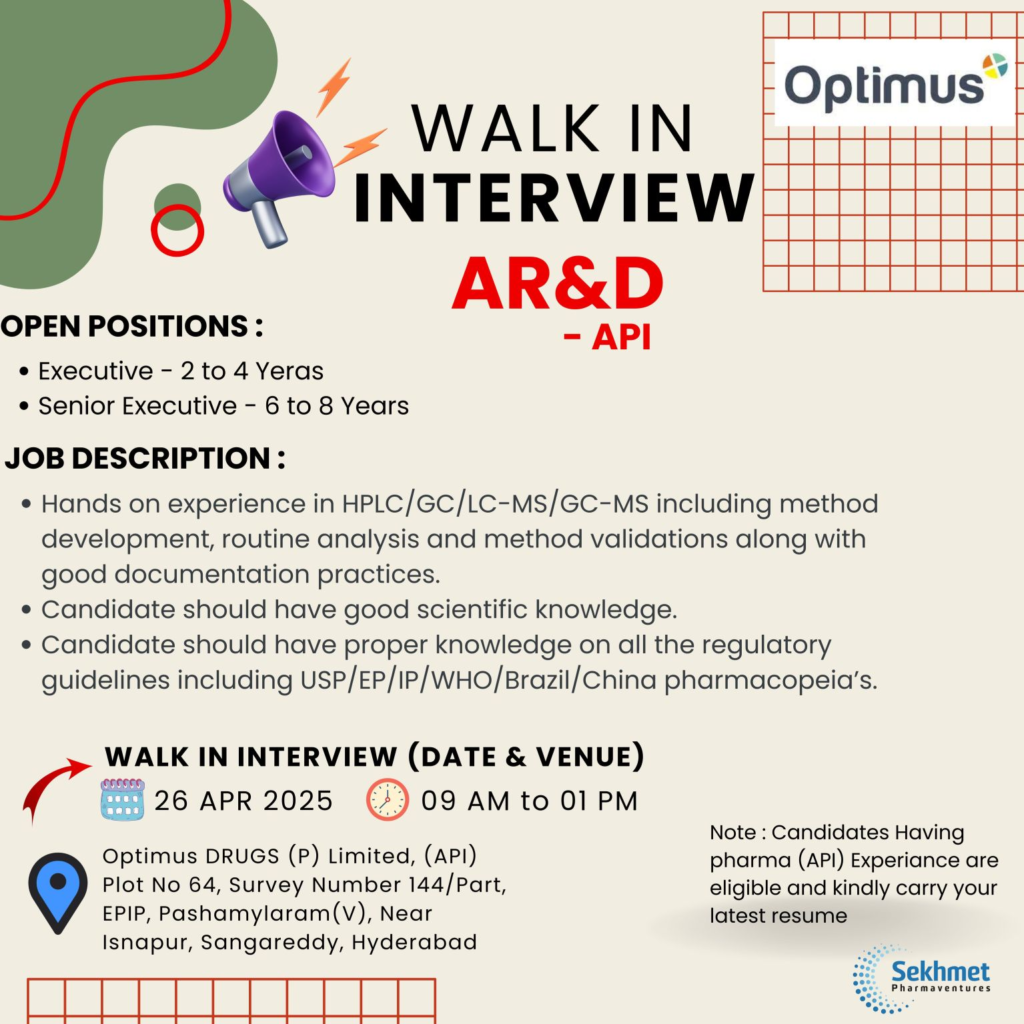 Optimus Drugs Limited Walk-In Interview for AR&D (API) Department