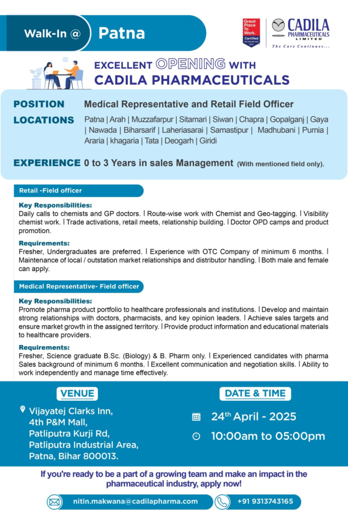 Cadila Pharmaceuticals Walk in Drive In Patna