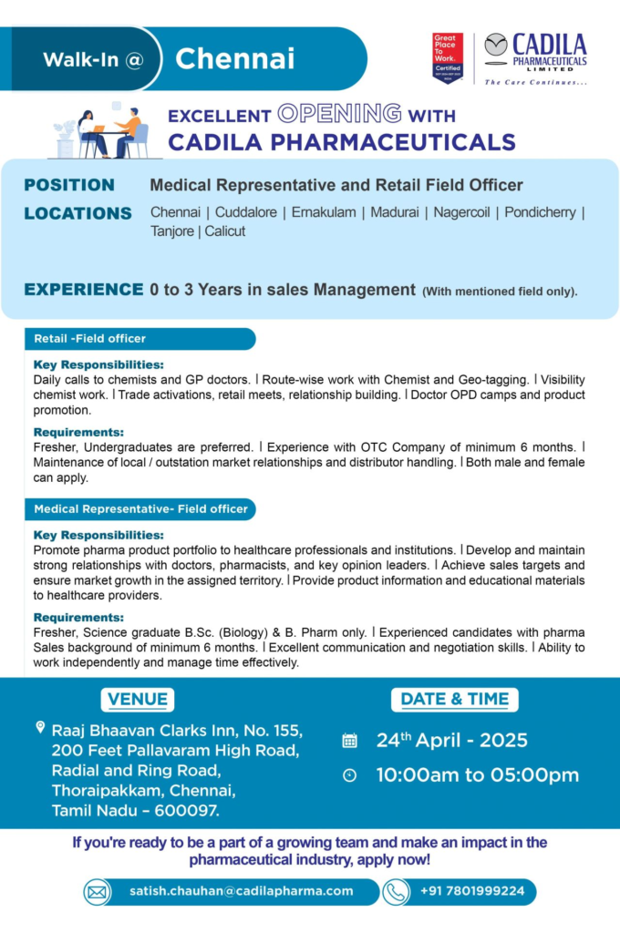 Cadila Pharmaceuticals Walk in Interview in Chennai