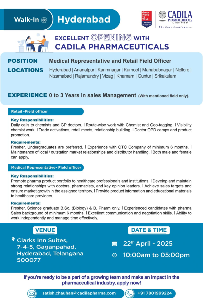 Cadila Pharmaceuticals Walk in Interview in Hyderabad