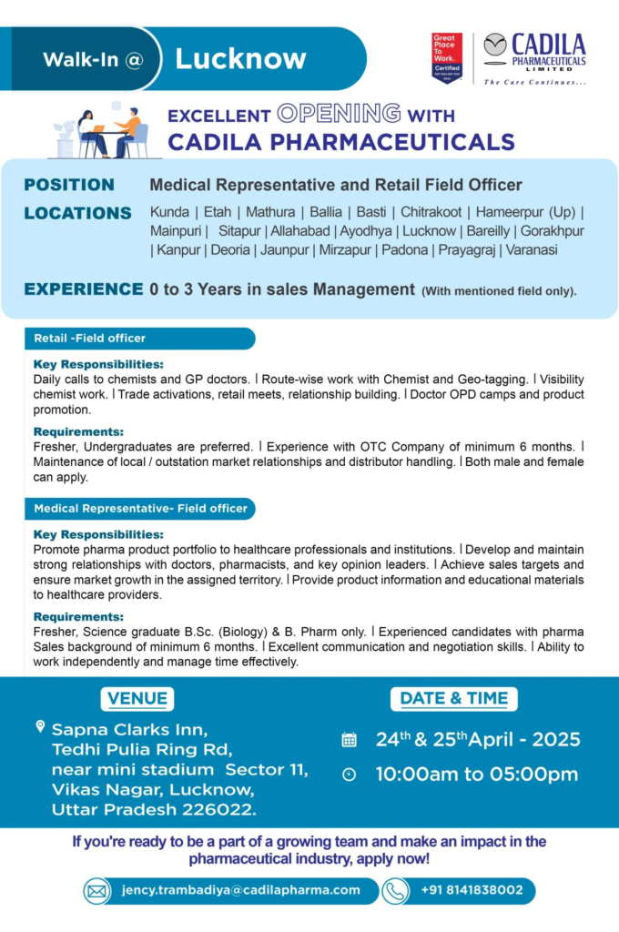 Cadila Pharmaceuticals Walk in Interview in Lucknow