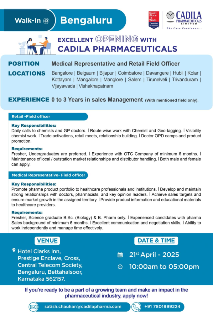 Cadila Pharmaceuticals Walk in Interview in Bengaluru