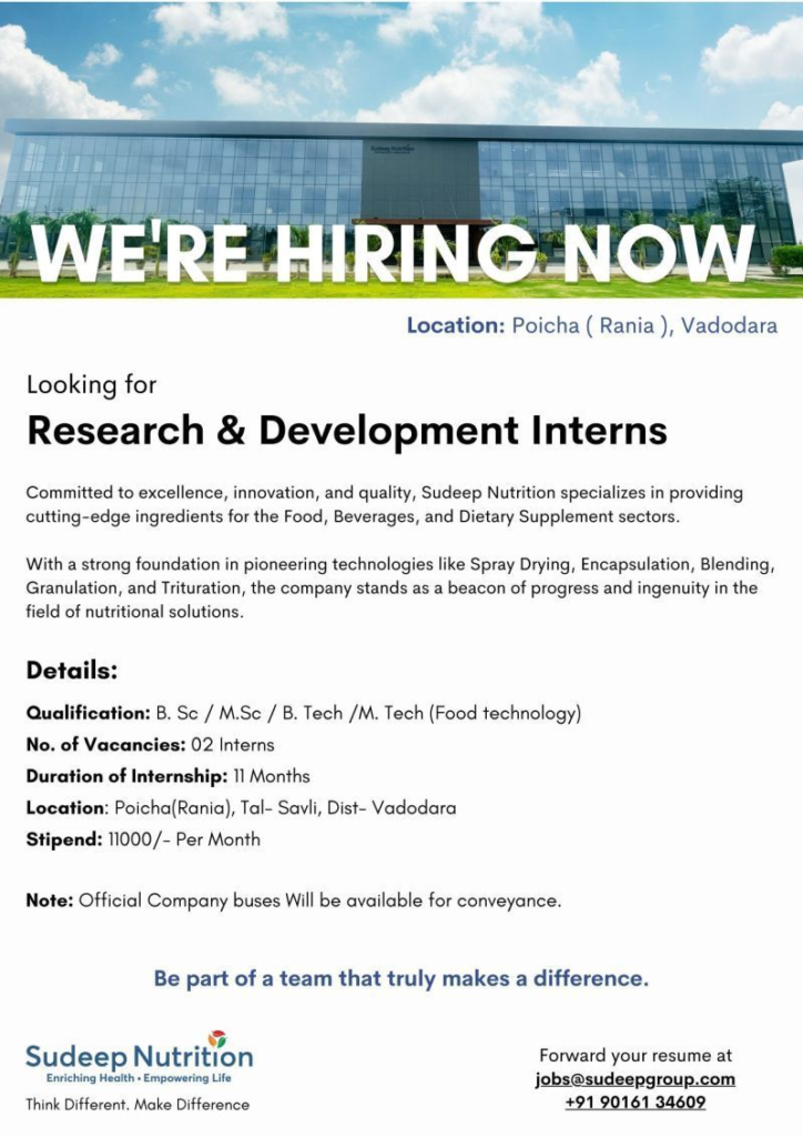Sudeep Nutrition Is Hiring Research & Development Interns